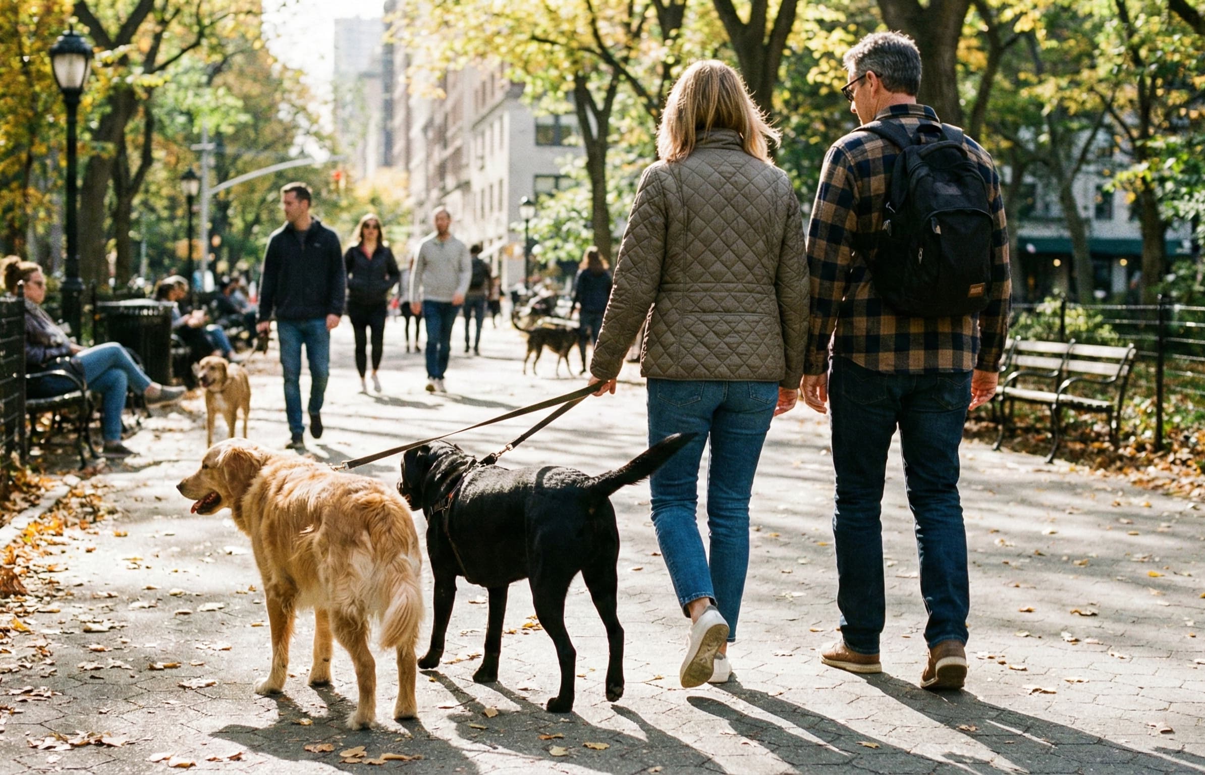 Dos perros caminando juntos en un parque de CDMX